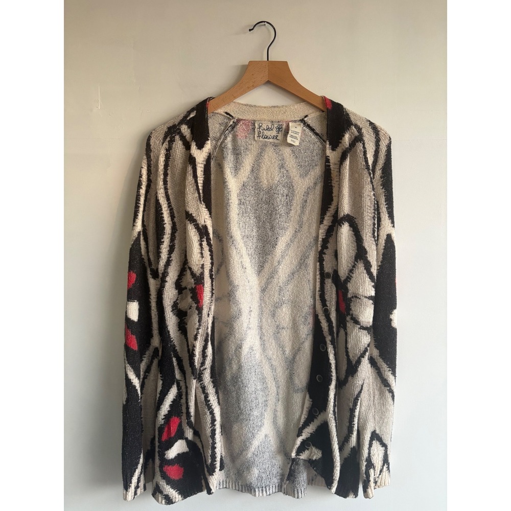 Field Flower Anthropologie Ikat Floral Cardigan Sweater Cream Black Red Medium